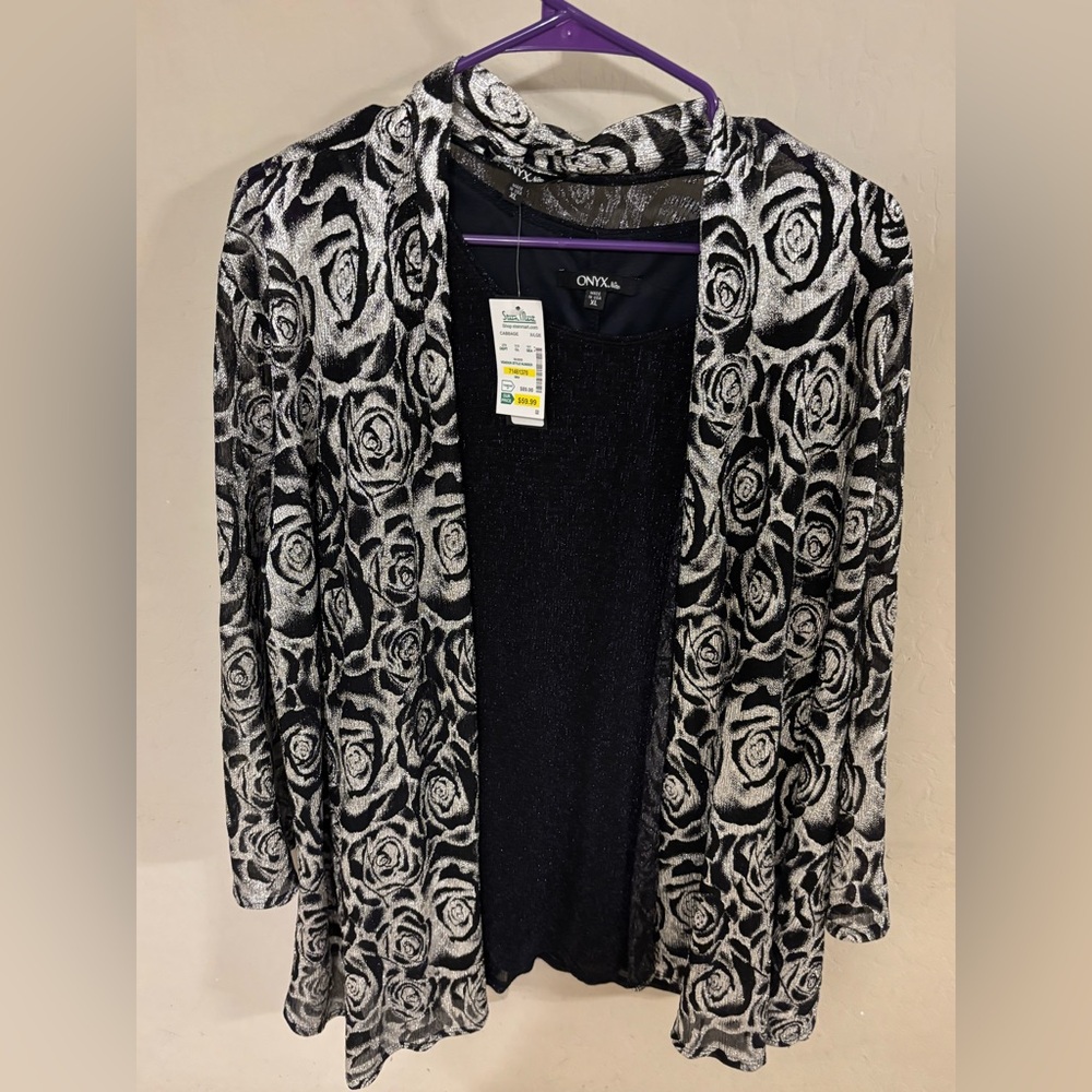 Onyx Black & Silver Rose-Print Open Cardigan